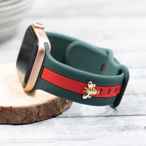 Apple Watch Band, Green and Red Stripes Silicone Strap w/ Bee Stud 40/41/44/45 - Picture 1 of 6